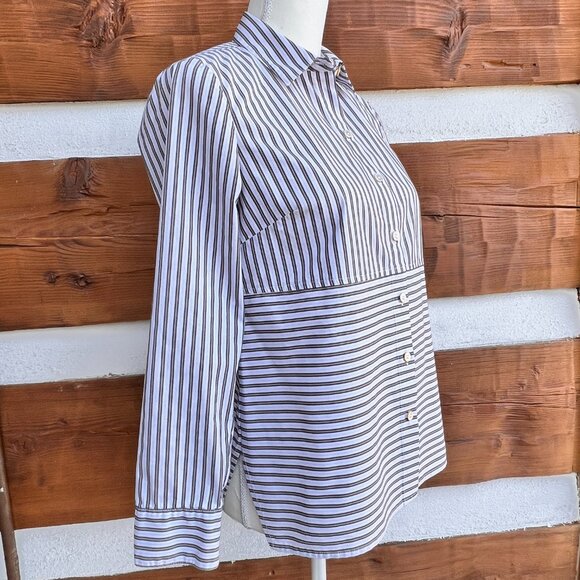 J. Jill Long-Sleeved, Striped, Button Shirt White Gray Beige. Stretch, Petite XS - Picture 4 of 13